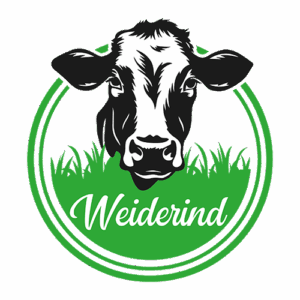 Logo mit Kuhkopf über grünem Gras und weißem Schriftzug „Weiderind“ in grünem Kreis.