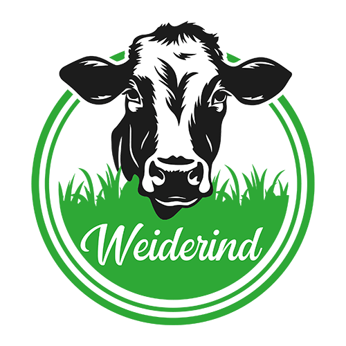Logo mit Kuhkopf über grünem Gras und weißem Schriftzug „Weiderind“ in grünem Kreis.
